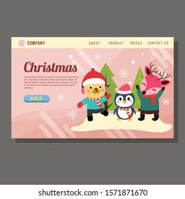 christmas sale landing page dog penguin character flat style vector illustration