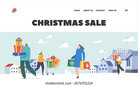 Christmas Sale Landing Page Template. Happy Characters Carry Gifts and Cart Buying Presents on Fair, Walking Hurry Up for Celebration with Family on Winter Holidays. Cartoon People Vector Illustration