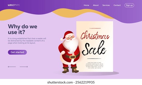 Christmas Sale landing page template design with Santa Claus and sample text. Santa Claus annoucing about sale. Vector illustration can be used for online shops, special offer and discounts