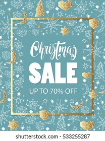 Christmas sale  lettering design with gold gradient texture and holiday elements: star, tree, snowflakes, heart.