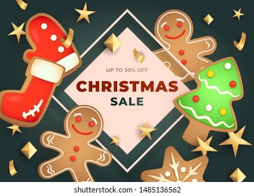 Christmas Sale lettering in frame and gingerbread cookies. Christmas sale advertising design. Typed text, calligraphy. For leaflets, brochures, invitations, posters or banners.