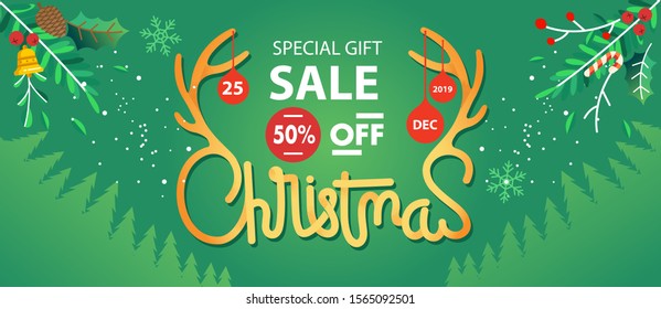 christmas sale lettering illustration with missletoe and pine tree as background. green background with tree and mistletoe and lettering sale banner.