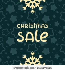 "Christmas sale" lettering on dark turquoise background with seamless stars. Advertising template for winter offer. Vector illustration.