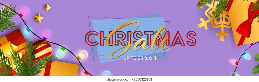 Christmas Sale lettering com lâmpadas coloridas cintilantes, presentes e ramo de abeto no fundo roxo. Podem ser usadas até por cento de letras para cartazes, folhetos, anúncios