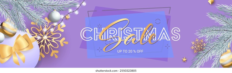 Christmas Sale lettering com lâmpadas de prata espumante, presentes e decoração de estrela de ouro no fundo roxo. Podem ser usadas até por cento de letras para cartazes, folhetos, anúncios