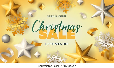 Christmas Sale lettering with stars and snowflakes. Christmas sale advertising design. Handwritten and typed text, calligraphy. For leaflets, brochures, invitations, posters or banners.