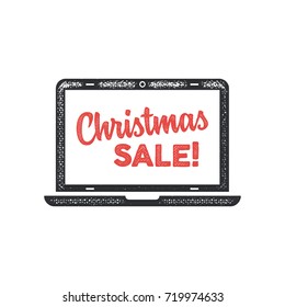 Christmas sale lettering and typography elements on laptop screen. Holiday Online shopping symbol. Stock vector illustration isolated on white background.