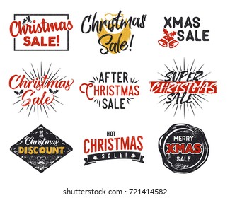 Christmas sale lettering and christmas sale typography elements set. Holiday Online shopping type quotes collection. Stock christmas sale vector illustration isolated on white background.