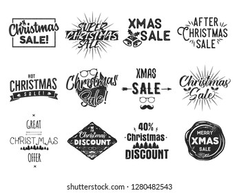 Christmas sale lettering and xmas calligraphy set. Typography elements collection. Holiday Online shopping type quotes. Stock seasonal sales vector black overlays isolated on white background