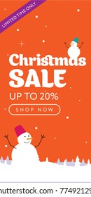 Christmas sale limited time only banner. Snowman on winter background