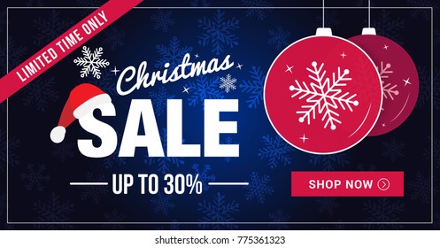 Christmas sale limited time only banner. Christmass balls on a blue snowflakes background. Social media ready