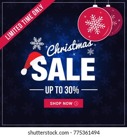 Christmas sale limited time only banner. Christmass balls on a blue snowflakes background. Social media ready