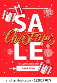 Christmas sale for a limited time vector brochure design with gift boxes, snowflakes and frame. Red cover with info about Xmas and New Year discounts