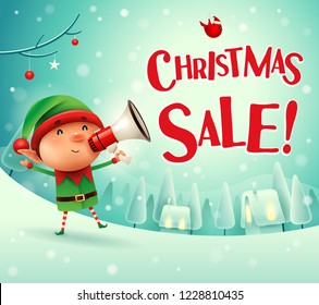 Christmas Sale! Little elf with megaphone in Christmas snow scene winter landscape.