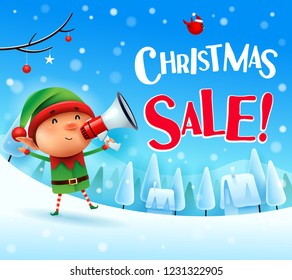 Christmas Sale! Little elf with megaphone in Christmas snow scene winter landscape.