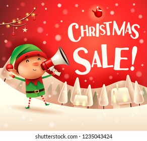 Christmas Sale! Little elf with megaphone in Christmas snow scene winter landscape.