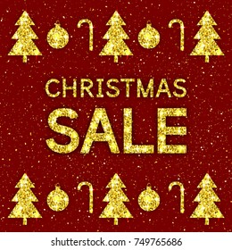 Christmas Sale luxury banner. Glittering Xmas discount template for coupon big offer. Vector golden background.