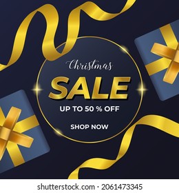 Christmas sale with luxury gold ribbons and gift box. template background