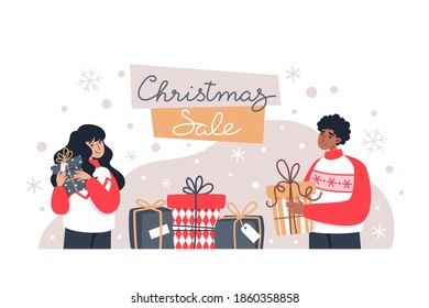 Christmas sale, man and woman holding gifts, online shopping, vector illustration in flat style