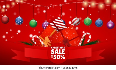 Christmas Sale. Many Different New Year Gifts on The Festive Background. Merry Christmas and Happy New Year. Colored. Winter Holidays Set Realistic gifts. Vector Illustration EPS 10