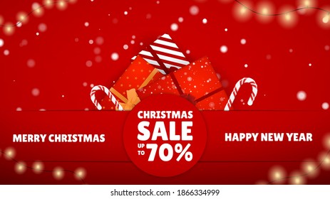 Christmas Sale. Many Different New Year Gifts on The Festive Background. Merry Christmas and Happy New Year. Colored. Winter Holidays Set Realistic gifts. Vector Illustration EPS 10