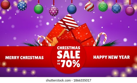 Christmas Sale. Many Different New Year Gifts on The Festive Background. Merry Christmas and Happy New Year. Colored. Winter Holidays Set Realistic gifts. Vector Illustration EPS 10