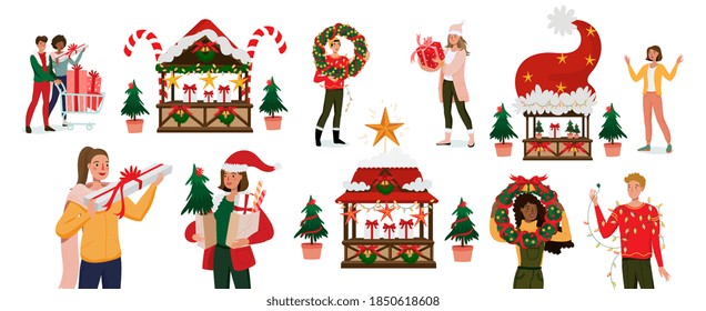 Christmas sale market street with happy people and gifts. Christmas fair shopping. Tents and stalls with decoration and buyers. Good for promo and online shopping long banner. Isolated vector set