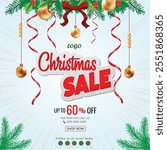 Christmas sale marketing social media banner post template with realistic gift box and ribbon. Business promotion web poster with logo and xmas tree. Holiday or new year festival celebration flyer.