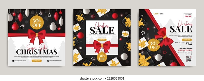 Christmas sale marketing social media banner post template with realistic gift box and ribbon. Business promotion web poster with logo and xmas tree. Holiday or new year festival celebration flyer.