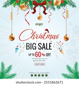 Christmas sale marketing social media banner post template with realistic gift box and ribbon. Business promotion web poster with logo and xmas tree. Holiday or new year festival celebration flyer.