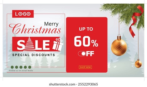 Christmas sale marketing social media banner post template with realistic gift box and ribbon. Business promotion web poster with logo and xmas tree. 