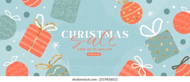Christmas Sale Modern banner with Christmas decorations, gift boxes and snowflakes Fashionable Xmas poster with grainy texture. Winter background, web banner or flyer design. Template for advertising