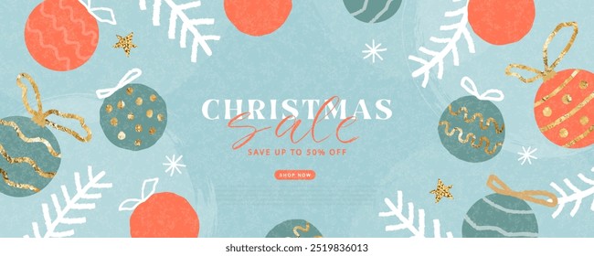 Christmas Sale Modern banner with Christmas decorations, twigs, snowflakes and golden stars. Fashionable Xmas poster with grainy texture. Winter background, web banner or flyer design. Template for