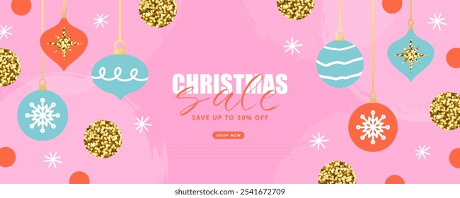 Venda de Natal Banner moderno com decorações de Natal, brilho de ouro e flocos de neve. Cartaz de Natal da moda com fundo rosa. Fundo de inverno, banner web ou design de panfleto. Modelo para publicidade, 