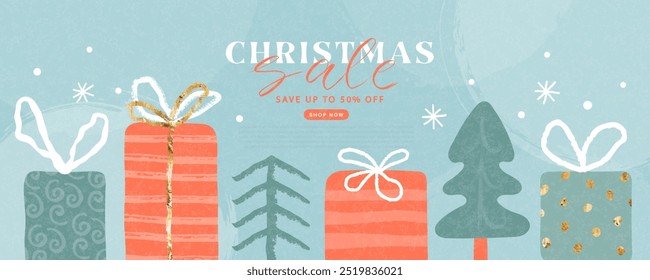 Christmas Sale Modern banner with Christmas trees, gift boxes and snowflakes on blue background. Fashionable Xmas poster with grainy texture. Winter background, web banner or flyer design. Template