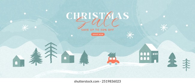 Christmas Sale Modern banner with winter landscape, snow-covered houses and a red car. Fashionable Xmas poster with grainy texture. Winter background, web banner or flyer design. Template for