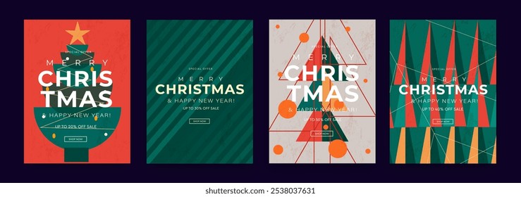 Christmas Sale. Modern Design Set with Graphic Elements. Merry Christmas and Happy New Year for Advertising, Web, Social Media, Poster, Banner, Cover. Minimalist Art Xmas Typography.