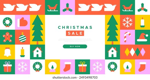 Christmas sale modern geometric banner template. Abstract xmas holiday discount poster with winter decoration. Festive online business promotion, minimalist december event gift shop ad.