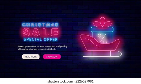 Christmas sale neon flyer. Santa Claus sleigh with gift boxes. Website landing page. Colorful advertising. Special offer. Shiny greeting card. December shopping. Glowing banner. Vector illustration