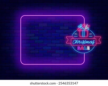 Christmas sale neon flyer. Season shopping greeting card. Empty purple frame. Vector stock illustration