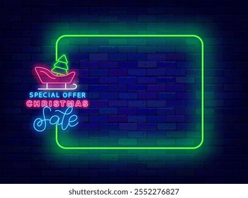 Christmas sale neon promotion. Season marketing. Empty green frame and Santa sledge with tree. Vector stock illustration