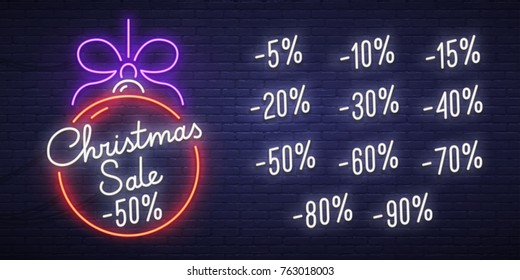 Christmas sale neon sign, bright signboard, light banner. New Year logo, emblem and label. Neon sign creator. Neon text edit