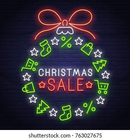 Christmas Sale neon sign. Neon sign. Merry Christmas and Happy New Year banner, logo, emblem and label. Bright signboard, light banner. 