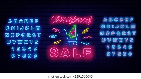 Christmas sale neon signboard on brick wall. Shopping cart with xmas tree. Light turquoise alphabet. Marketing advertising. December shopping. Glowing banner. Editing text. Vector stock illustration