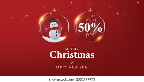 Christmas sale and New Year background. Xmas Glass Balls hanging on ribbon inside with snowman and 50% offer. red holiday composition. Vector illustration