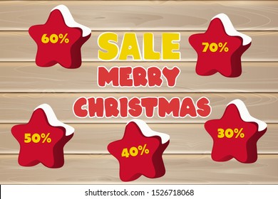 Christmas sale, New Year card, percentage discount on red stars, on wooden background