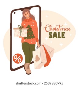 Christmas Sale. New year Online Shopping. Happy woman shopper in phone in Xmas sweater with packages gift. Holiday shopper character. Shop in smartphone. Vector illustration