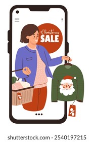 Christmas Sale. New year Online Shopping. Woman shopper in phone with gifts buys Xmas ugly sweater with Santa. Holiday shopper character. Shop in smartphone. Vector illustration