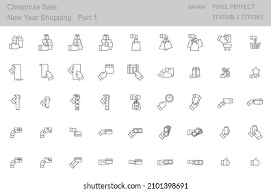 Christmas Sale. New Year Shopping. Part 1. Hands in mittens or Santa Claus gloves hold main objects of sale and shopping. Thin line vector icons set. Pixel Perfect 64x64. Editable Strokes.