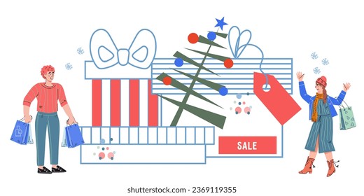 Christmas sale and New Year shopping banner or poster template with people near huge boxes, flat cartoon vector illustration isolated on white background.